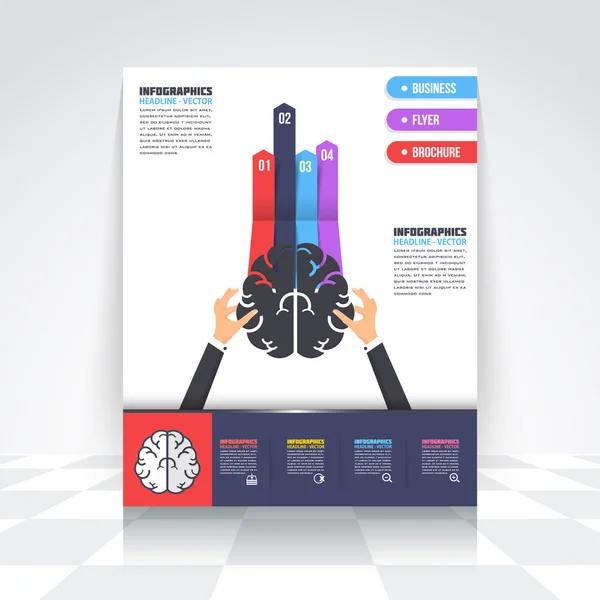 Plantilla de Infografías de Negocios de Cerebro de Estilo Plano y Pensamiento Creativo, Volante, Elementos de Icono, Diseño de Folletos Corporativos — Vector de stock