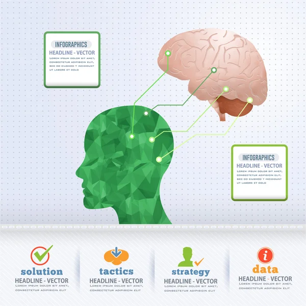 Flat Graphics Human Head and Realistic Brain Illustration, Business Concept Vector Infographics Design — Stock Vector