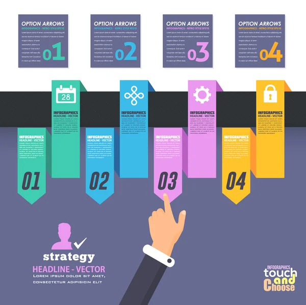 Platte infographics-sjabloon en webelementen. Business, marketing touch en kies concept vector ontwerp — Stockvector