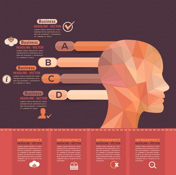 Gráficos planos Cabeça humana, conceito de negócio Design de infográficos vetoriais — Vetor de Stock