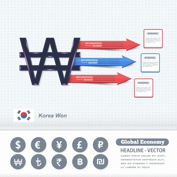 Korea won symbool, Business infographics design, kleurrijke pijlen — Stockvector