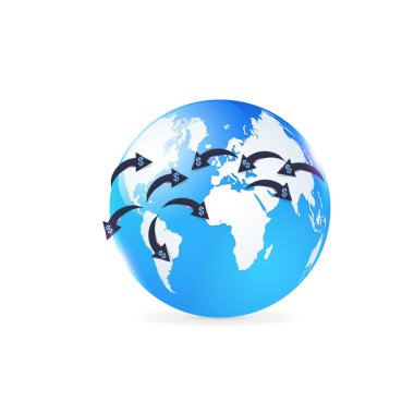 Finans Kavramı İzole Globe Dünya Sembolü. Vektör Dolar İşaret Oklar Eylem