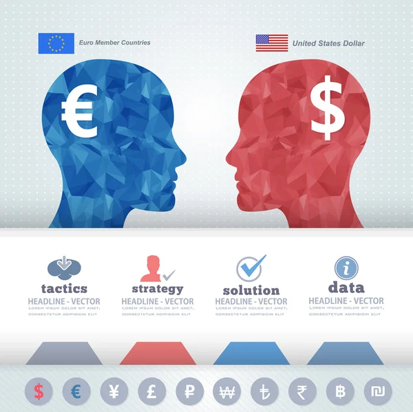 Polygonal emberi fejek pénzügyi gondolkodás infographics elemek, USA dollár és az euro — Stock Vector