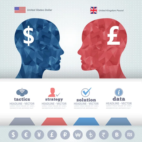 Jefes humanos poligonales Finanzas Pensamiento Infografías Elementos, Nosotros Dólares y Libra — Archivo Imágenes Vectoriales