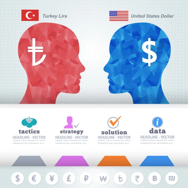 Polygonal Human Heads Finance Thinking Infographics Elements, Us Dollars and Turkey Lira — Stock Vector