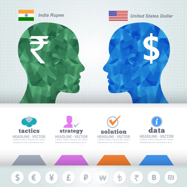 Månghörnigt mänskliga huvuden finans tänkande Infographics Elements, amerikanska dollar och indiska rupier — Stock vektor