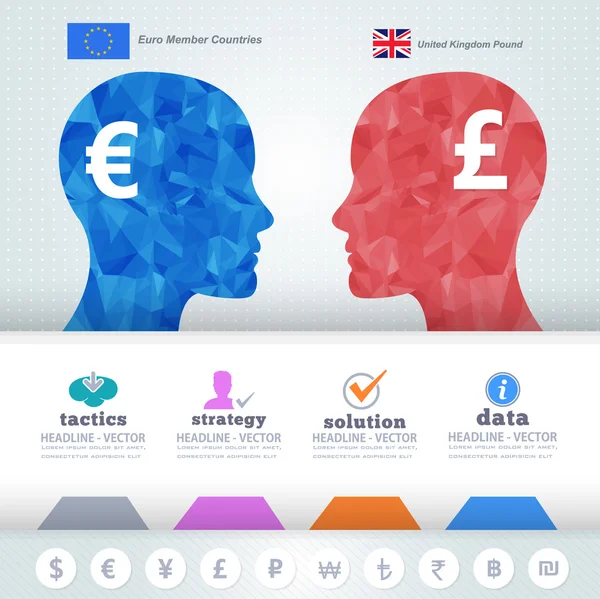 Jefes humanos poligonales Finanzas Pensamiento Infografías Elementos, Euro y Libra — Archivo Imágenes Vectoriales