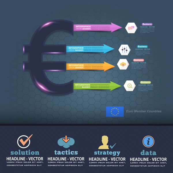 Euro-Mitgliedsländer unterzeichnen, Business-Infografik-Design, bunte Pfeile Vorlage — Stockvektor