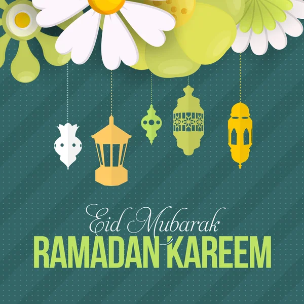 Ramadan Kareem, Linterna colgante de estilo plano. Árabe "Eid Mubarak", "ser bendecido" en Inglés — Archivo Imágenes Vectoriales