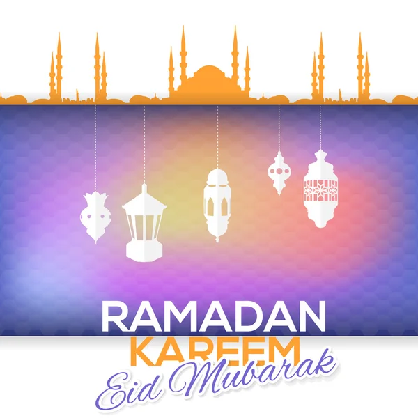 Ramadan Kareem Greeting Card Arabic "Eid Mubarak", "be Blessed" at English — Stock Vector
