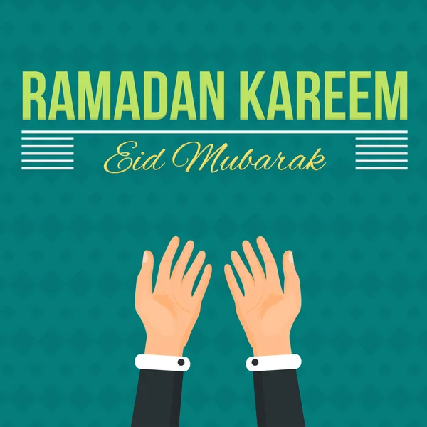 Flat style Ramadan Kareem powitanie karta ilustracja-islamski święty miesiąc Theme design background, Modlitwa ręce-arabski "Eid Mubarak" "Be Blessed" w języku angielskim — Wektor stockowy