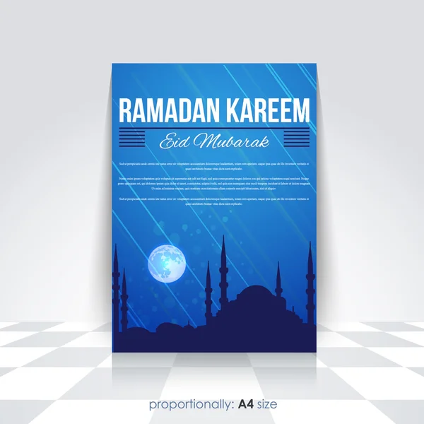 Ramadán Kareem A4 volante de estilo, folleto - Mes Santo Islámico Tema Diseño Vector - Árabe "Eid Mubarak", "ser bendecido" en Inglés — Vector de stock