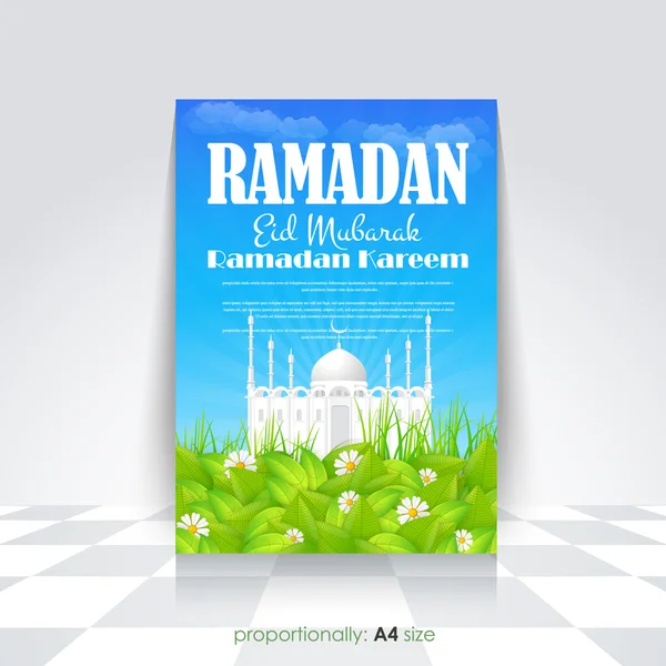 Ramadan Kareem A4 Style Flyer, Brochure - Islamic Holy Month Theme Vector Design - arabo "Eid Mubarak", "be Blessed" at English — Vettoriale Stock