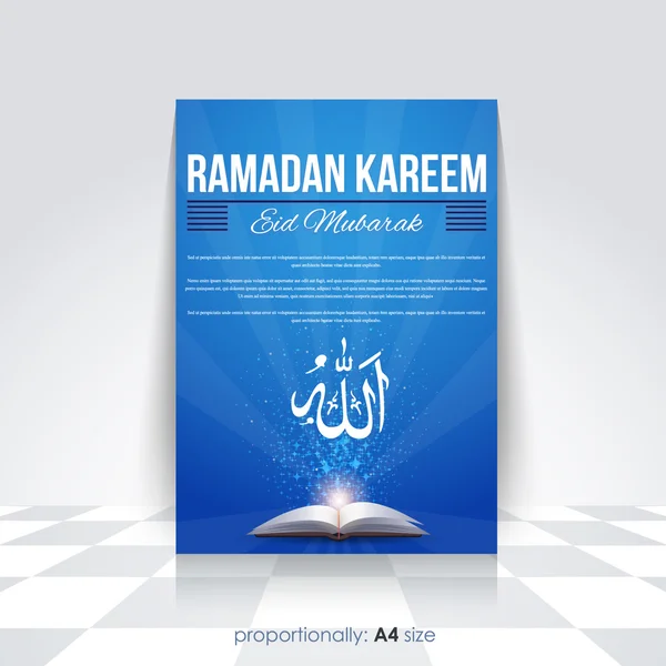 Ramadan Kareem A4 Style Flyer, Brochura - Projeto vetorial do tema do mês santo islâmico - Árabe "Eid Mubarak", "seja abençoado" em inglês — Vetor de Stock