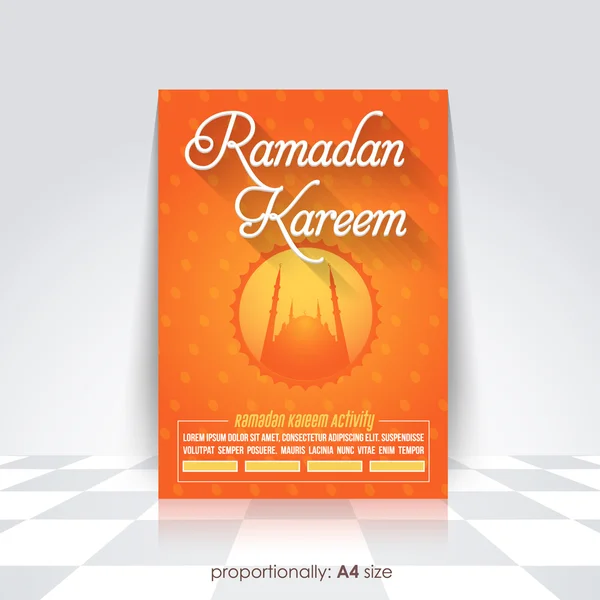 Ramadan Kareem A4 Style Flyer, Brochura - Projeto vetorial do tema do mês santo islâmico - Árabe "Eid Mubarak", "seja abençoado" em inglês —  Vetores de Stock