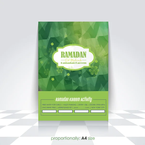 Ramadan Kareem A4 Style Flyer, Brochura - Projeto vetorial do tema do mês santo islâmico - Árabe "Eid Mubarak", "seja abençoado" em inglês —  Vetores de Stock