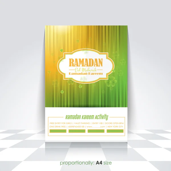 Ramadan Kareem A4 Style Flyer, Brochura - Projeto vetorial do tema do mês santo islâmico - Árabe "Eid Mubarak", "seja abençoado" em inglês — Vetor de Stock