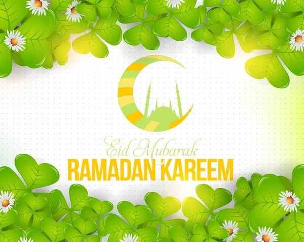 Tema de primavera y símbolo de luna creciente multicolor, Ramadán Diseño de tarjetas de felicitación - Árabe "Eid Mubarak" "ser bendecido" en Inglés — Vector de stock