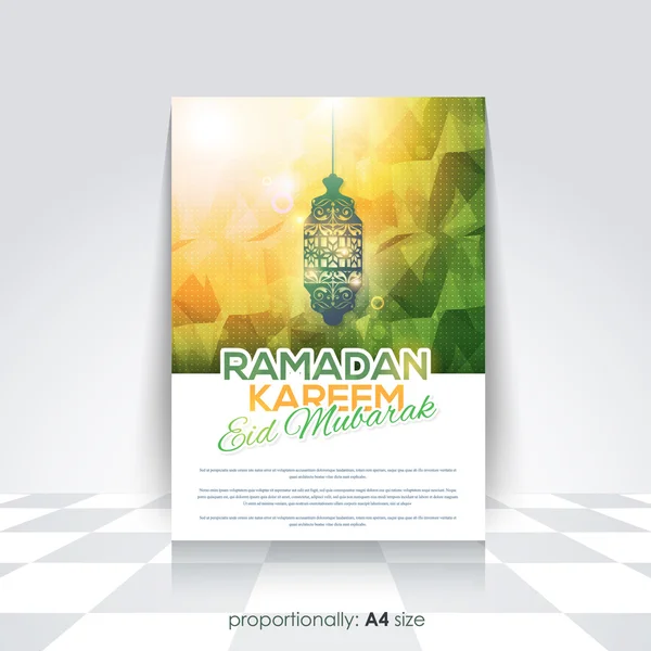 Ramadan Kareem A4 Style Flyer, Brochure - Lantern Illustration, Islamic Holy Nights Theme Vector Design - Arabic "Eid Mubarak", "be Blessed" at English — Stock Vector