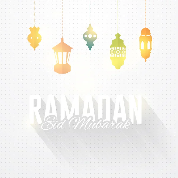 Ramadan Kareem design, opknoping lantaarn en lampen-Arabisch "Eid Mubarak", "worden gezegend" Engels — Stockvector