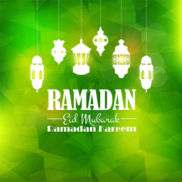 Baixo estilo Poly fundo desfocado, Ramadan Kareem Design, Lanterna pendurada - árabe "Eid Mubarak", "seja abençoado" Inglês —  Vetores de Stock