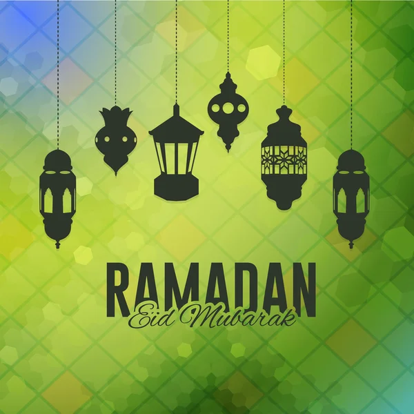 Ramadán Kareem Diseño, Linterna colgante y lámparas - Árabe "Eid Mubarak", "ser bendecido" Inglés — Vector de stock