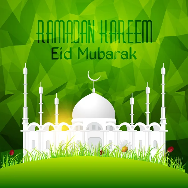 Veelhoekige achtergrond en moskee, Ramadan Kareem Vector Design-Arabisch "Eid Mubarak" "worden gezegend" in het Engels — Stockvector