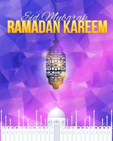 Arrière-plan polygonal et mosquée, Ramadan Kareem Vector Design - Arabe "Eid Moubarak" "être béni" à l'anglais — Image vectorielle