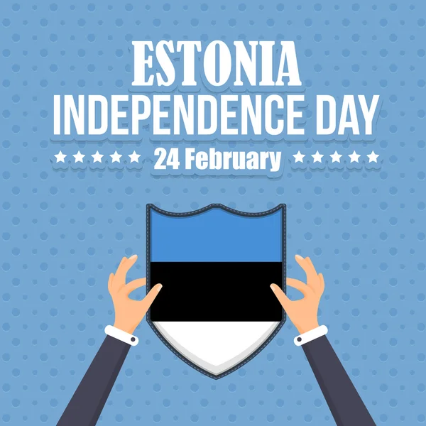 As mãos da celebração nacional da República da Estónia seguram bandeiras, plano de fundo, distintivos Design de vetores — Vetor de Stock
