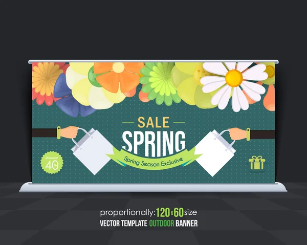 Estilo plano primavera temporada venta tema exterior Banner diseño, Plantilla de publicidad, Flores de colores ilustración — Vector de stock