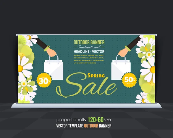 Vlakke stijl lente seizoen verkoop thema buiten banner ontwerp, reclame sjabloon, kleurrijke bloemen illustratie — Stockvector