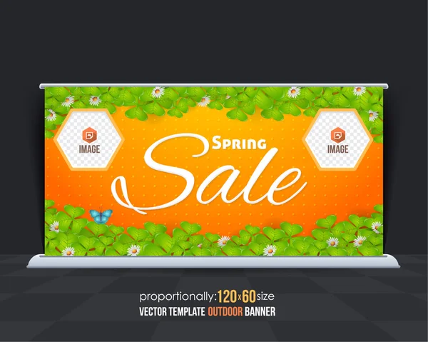 Clovers Illustration, Spring Sale Outdoor Banner Design, Advertising Template — Stock Vector