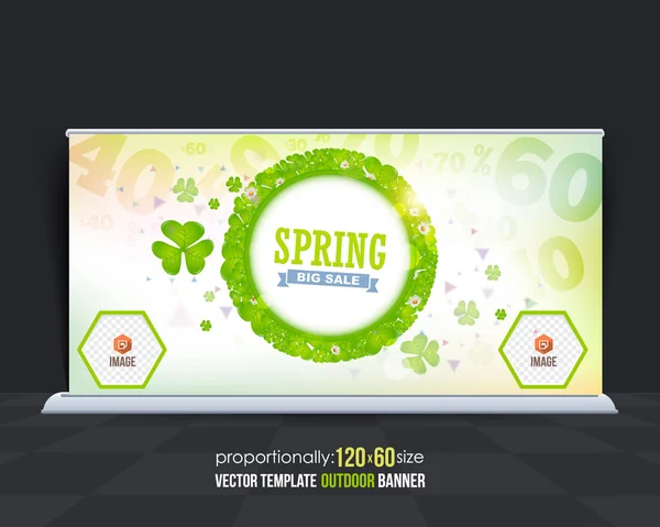 Clovers Illustration, Spring Sale Outdoor Banner Design, Advertising Template — Stock Vector