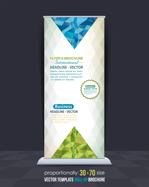 Banner de roll-up poligonal de cores verde e azul, design de fundo de vetor de publicidade —  Vetores de Stock