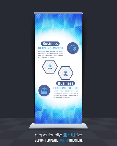 Banner de roll-up poligonal de cores azuis, design de fundo de vetor de publicidade — Vetor de Stock