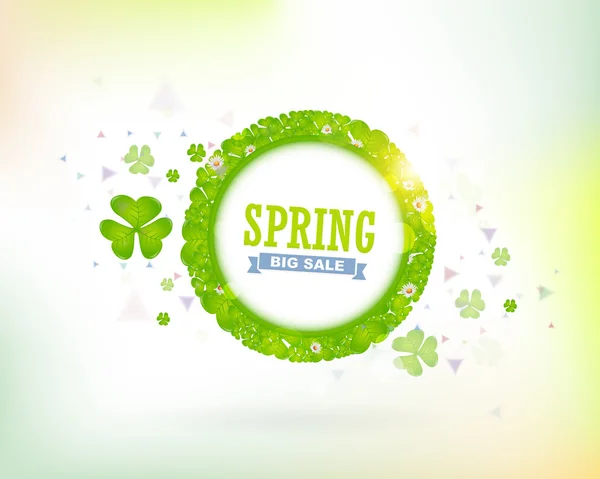 Banner de anuncios web de venta de primavera. Diseño de vectores de concepto de primavera, que consta de ilustración de marco de tréboles — Archivo Imágenes Vectoriales