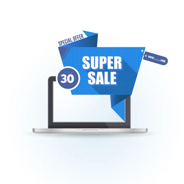 Super vendita banner e notebook illustrazione, annuncio web banner modello — Vettoriale Stock
