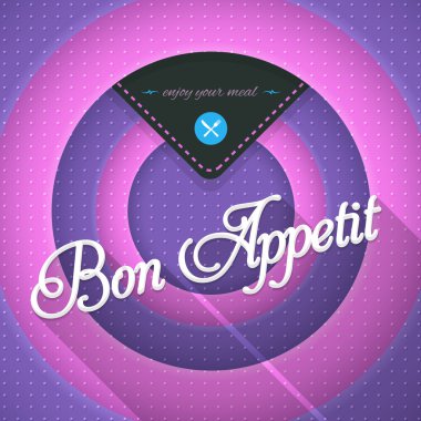 Violet Renkler Film Tarzı Yüzükler Arka Plan, Bon Appetit ve Enjoy Your Meal Lettering Vektör Tasarım
