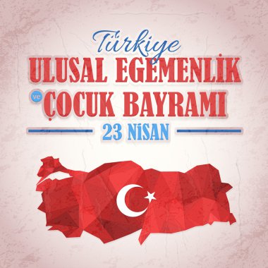 Retro Style Türkiye Cumhuriyeti Kutlama Kartı ve Tebrik Mesajı Afişi, Grunge Arka Plan, Rozetler - İngilizce 