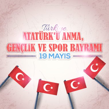 Retro Style Türkiye Cumhuriyeti Kutlama Kartı ve Tebrik Mesajı Afişi, Grunge Arka Plan, Rozetler - İngilizce 