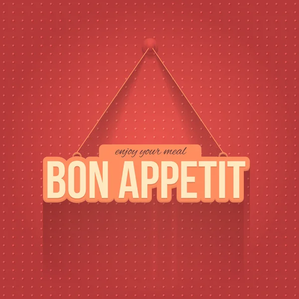 フラットとスタイル、スタイリッシュなテキスト「Bon Appetit とをお楽しみくださいあなたの食事」をぶら下がっています。赤い色の背景 — ストックベクタ