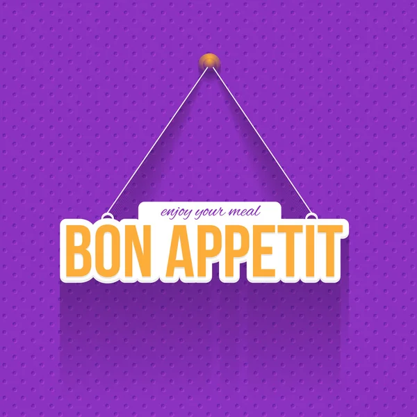 Estilo plano y colgante, texto elegante "Bon Appetit and Enjoy your Meal" Fondo de colores violeta — Vector de stock