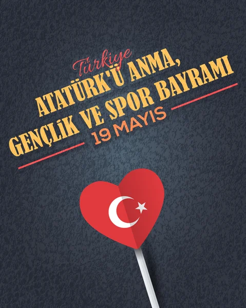 Retro stijl Republiek Turkije viering kaart en groet bericht poster, grunge achtergrond, badges-Engels "herdenking van Ataturk, jeugd en sport dag, mei 19" — Stockvector