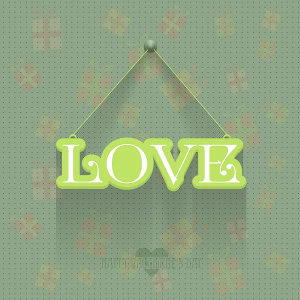 Retro Green Colors Valentine's Day Concept, Stylish Text "LOVE" Hanging Badge Vector Design. Gift Boxes Background — Stock Vector