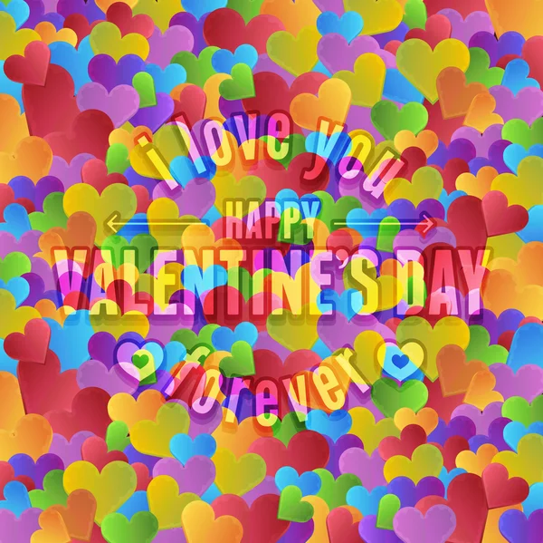 Bunte Süßwaren Stil bunte Herzen Hintergrund, glückliche Valentinstag Grußkarte — Stockvektor