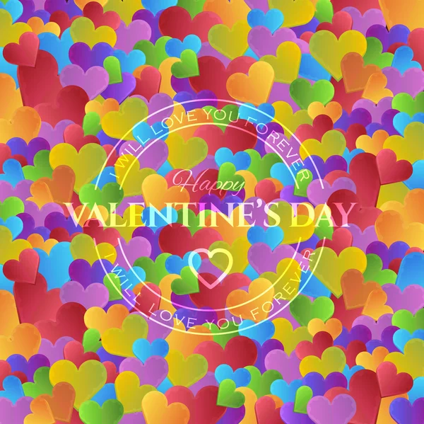 Fond multicolore de coeurs de style confiserie coloré, carte de souhaits de Saint-Valentin heureux — Image vectorielle