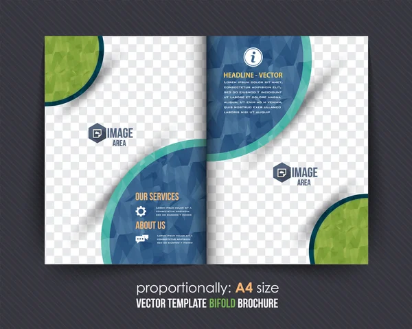 Geometrische elementen blauw en groen kleuren Business Bi-fold brochure ontwerp. Corporate Leaflet, omslag sjabloon — Stockvector