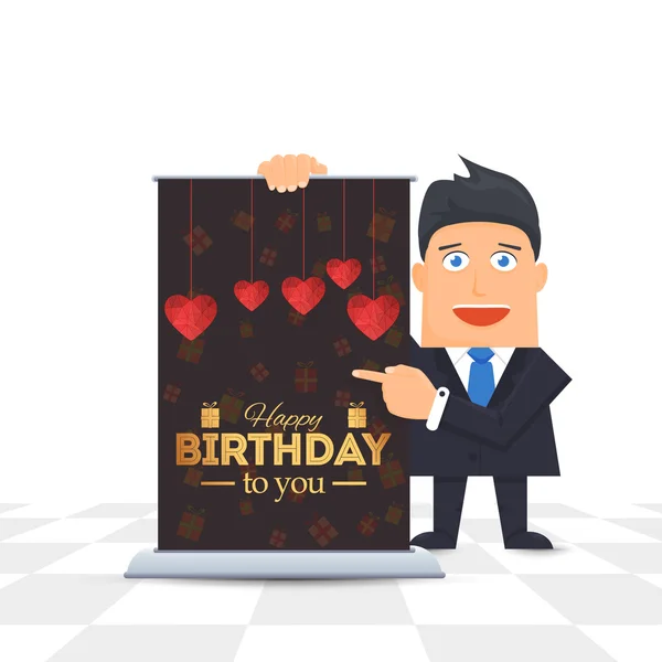 Presentación del hombre de negocios Banner de letras de feliz cumpleaños, fondo plano de diseño vectorial — Vector de stock