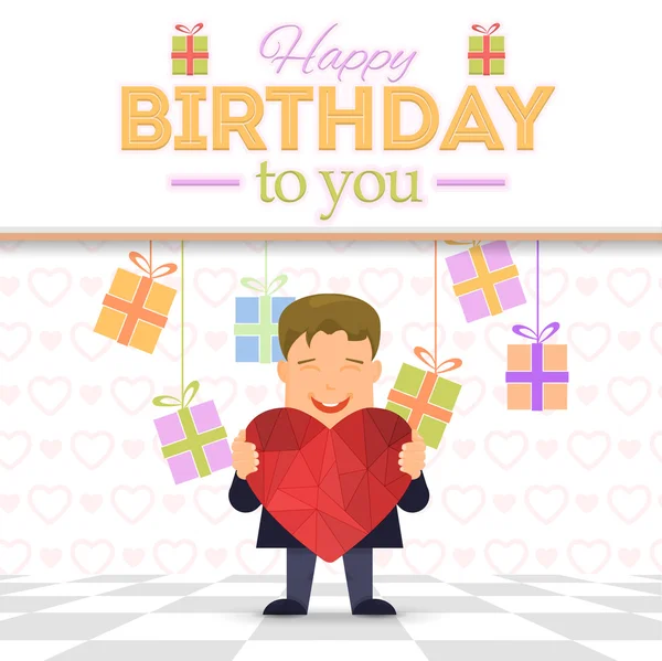 Tema di buon compleanno, Simbolo geometrico del cuore tenere bambino, Poster vettoriale piatto, Illustrazione del volantino dell'evento — Vettoriale Stock