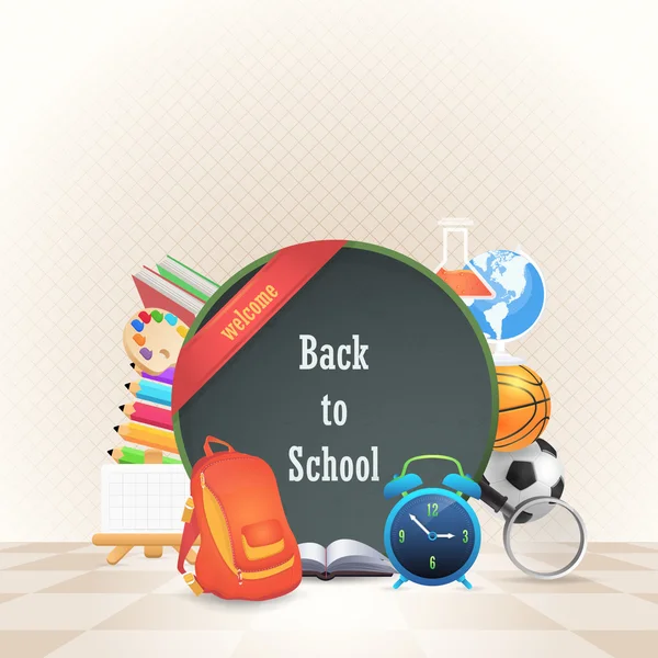 Welkom terug op School achtergrond, onderwijs objecten — Stockvector